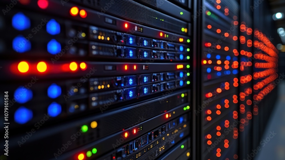 Server racks in a data center with rows of blinking lights. Server racks in a data center with rows of blinking lights.