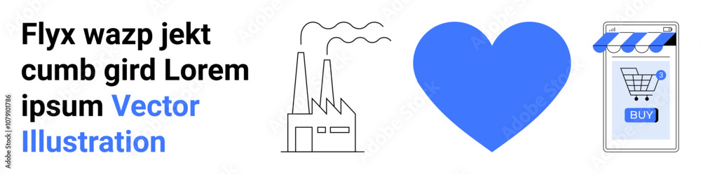 Factory emitting smoke, blue heart shape, and mobile shopping app with cart icon. Ideal for industry, environment, health, love, e-commerce, mobile apps, marketing. Landing page Factory emitting smoke, blue heart shape, and mobile shopping app with cart icon. Ideal for industry, environment, health, love, e-commerce, mobile apps, marketing. Landing page