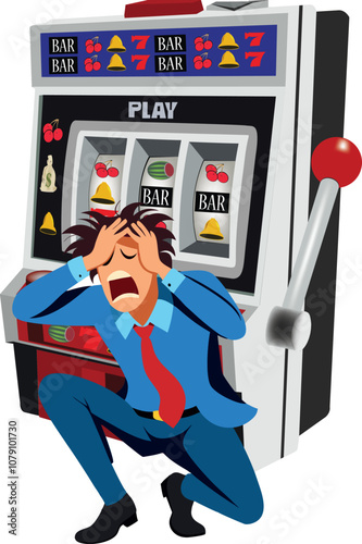 Desperate businessman losing money at slot machine casino gambling