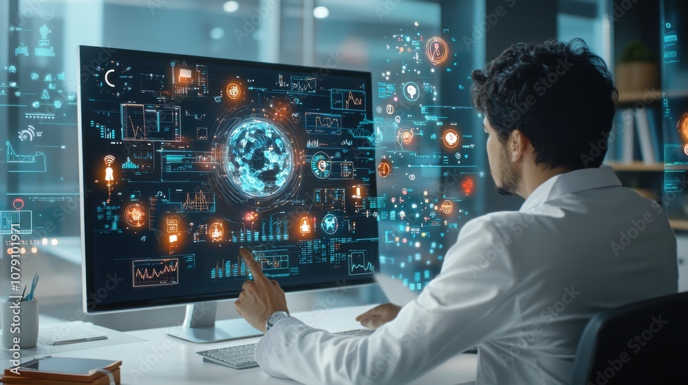 Doctor analyzes patient data using advanced technology to enhance healthcare management and improve outcomes Doctor analyzes patient data using advanced technology to enhance healthcare management and improve outcomes
