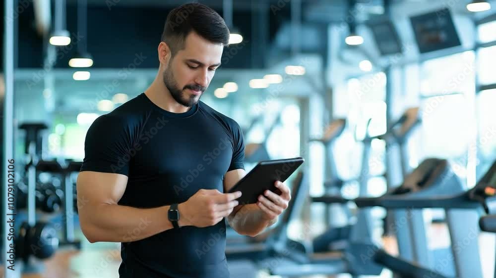 A young man monitors his fitness routine with a tablet in a well equipped gym during the early morning hours, focused and determined A young man monitors his fitness routine with a tablet in a well equipped gym during the early morning hours, focused and determined