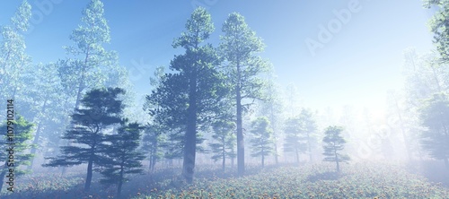 Forest in the morning in a fog in the sun, trees in a haze of light, glowing fog among the trees, 3D rendering