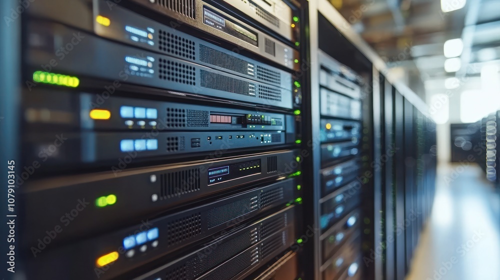 Server racks in a data center. Server racks in a data center.