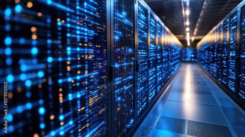 Server room with glowing blue lights on racks.