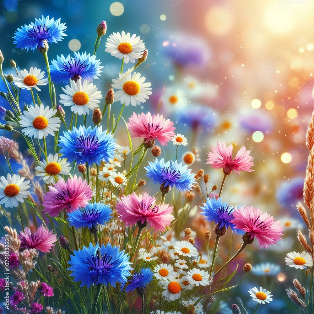 Fototapeta premium Flowers. Glade of cornflowers and daisies. Summer flowers.