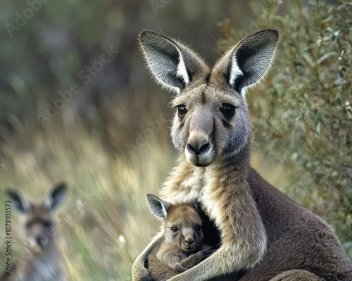 Kangaroo with joey nestled inside pouch, view photo