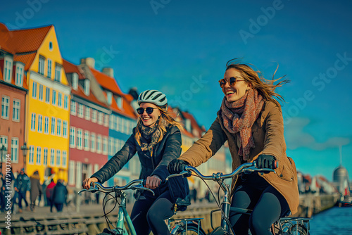 Two friends riding bikes along the Copenhagen canal