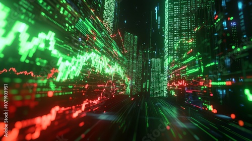 Fiery Stock Market Clash - 3D Render of Volatile Trading Amid Busy Financial District