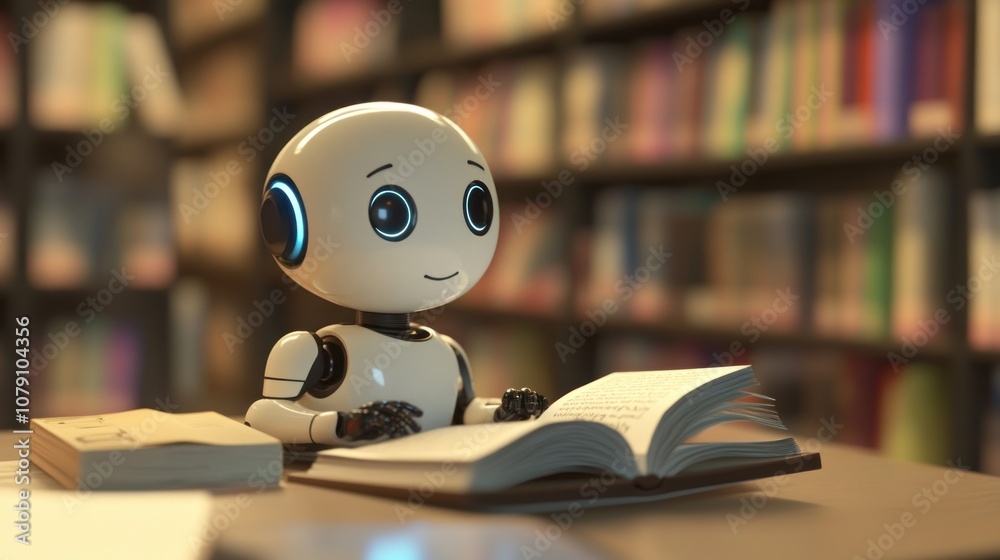Robot reading a book in a library setting. Robot reading a book in a library setting.