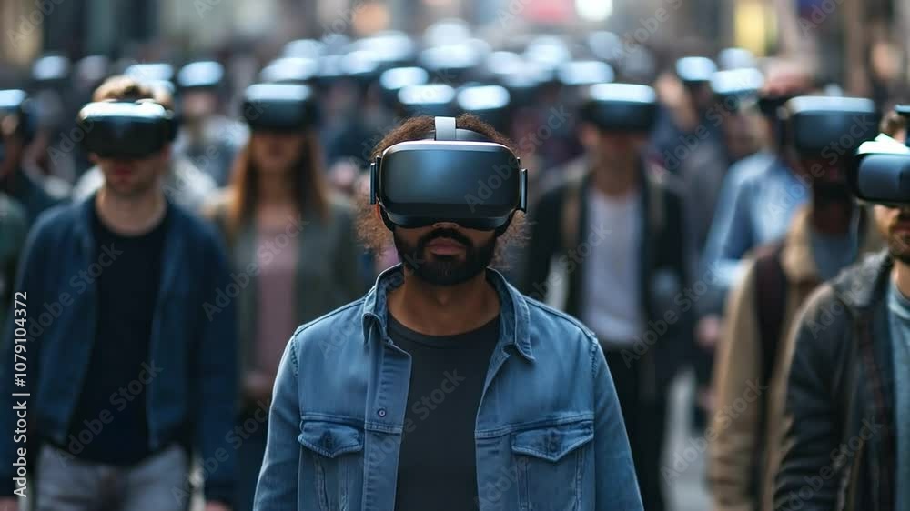 People wearing virtual reality headsets while walking together along a street in an urban setting, experiencing vr world during daily life People wearing virtual reality headsets while walking together along a street in an urban setting, experiencing vr world during daily life