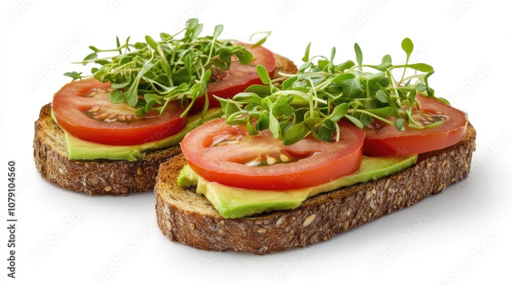 avocado toast with sliced tomatoes, microgreens on top, trendy presentation, isolated on white background 