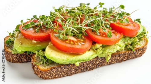 avocado toast with sliced tomatoes, microgreens on top, trendy presentation, isolated on white background 