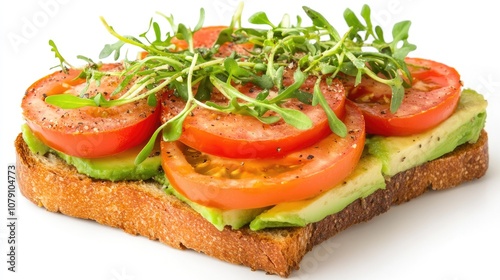 avocado toast with sliced tomatoes, microgreens on top, trendy presentation, isolated on white background 