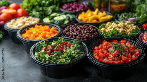 Healthy Dishes in Black Plastic Containers – Salads, Smoothies, and Coffee Drinks for a Weight Loss Eating Plan