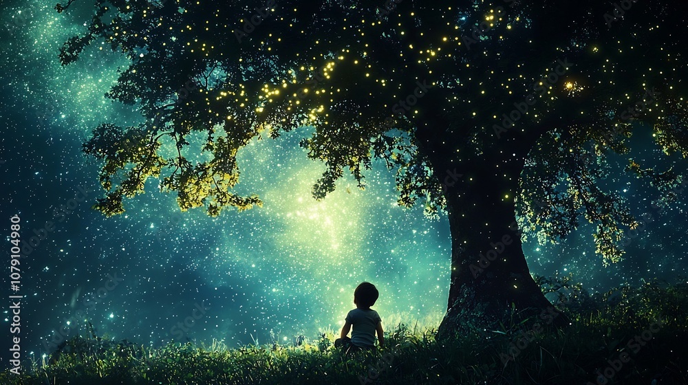 Enchanted Forest Silhouette Child and Glowing Tree Absorbing Starlight Enchanted Forest Silhouette Child and Glowing Tree Absorbing Starlight