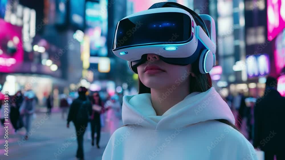 A young woman engaged in virtual reality while surrounded by vibrant city lights and lively crowds of people in vr headsets walking during the night A young woman engaged in virtual reality while surrounded by vibrant city lights and lively crowds of people in vr headsets walking during the night