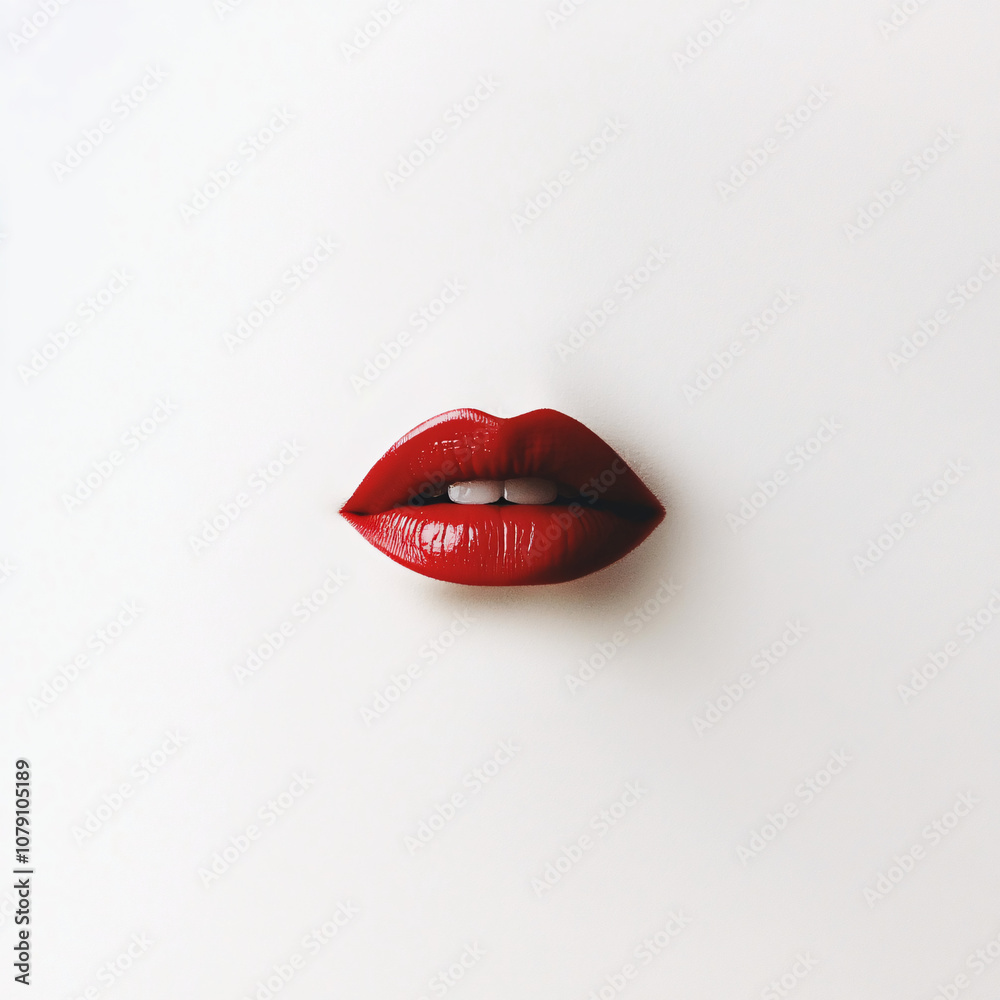 Obraz premium Minimalist Red Lips Close-Up on White Background, Emphasizing Bold Color and Elegant Aesthetic for Beauty and Fashion Themes