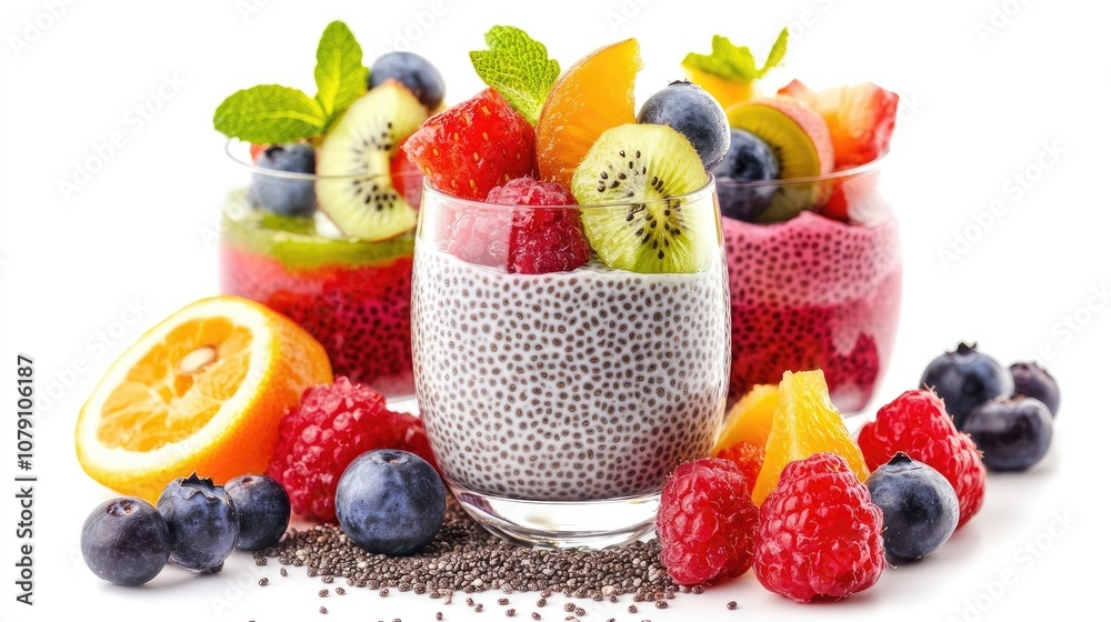 chia pudding with fruits, layered and stylish, health-conscious design, vibrant colors, isolated on white background