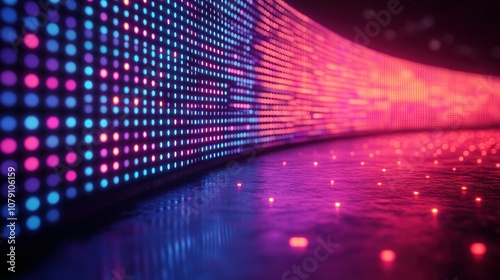 Curved LED Wall with Pink and Blue Lights Reflecting on a Dark Surface