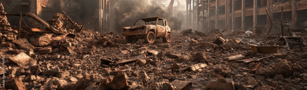 Fototapeta premium War ravaged industrial zone with debris and burnt vehicles