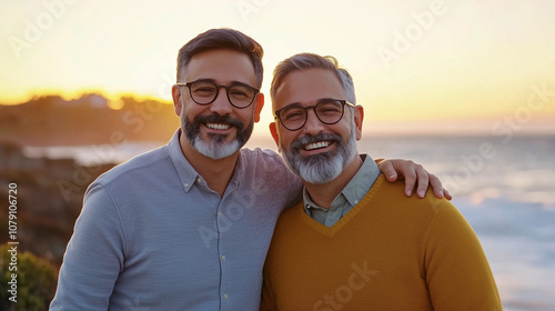 A Romantic Beach Getaway at Sunset With a Happy Gay Couple Embracing on a Picturesque Shoreline
