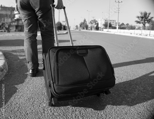 A black and white image of a man pulling luggage on a road, representing travel or the journey of life.
