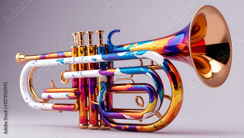 3D Splash Alcohol Ink Trumpet in Shimmering Gold and White for Banner, Wallpaper, Web Poster, flyer