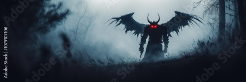 Monster beast in foggy dark forest. Halloween theme. photo