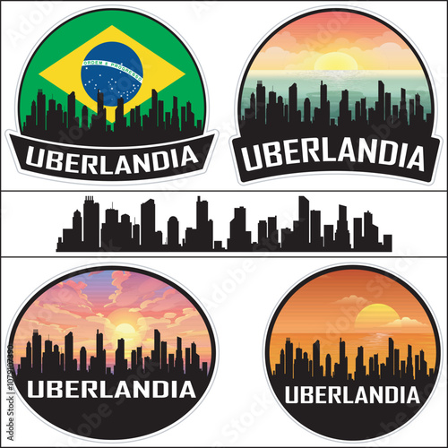 Uberlandia Skyline Brazil Flag Cityscape Silhouette Travel Souvenir Sticker Sunset Isolated Vector photo