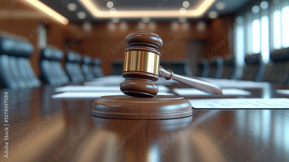 Wooden gavel on a conference table in a courtroom. Wooden gavel on a conference table in a courtroom.