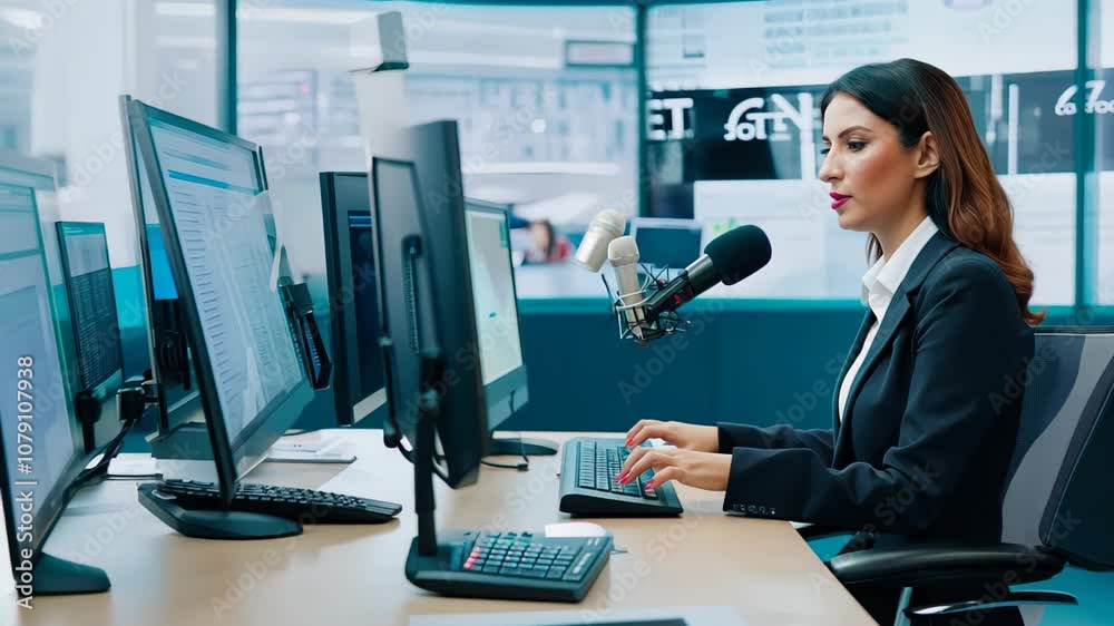 Professional woman broadcasting live from a high-tech office, speaking into a microphone while monitoring multiple screens, showcasing focus and expertise. Professional woman broadcasting live from a high-tech office, speaking into a microphone while monitoring multiple screens, showcasing focus and expertise.