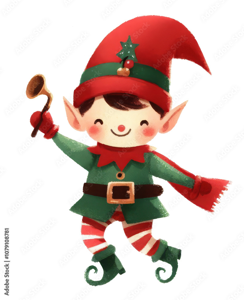 Charming illustration of a smiling Christmas elf in festive attire, perfect for holiday themes. Charming illustration of a smiling Christmas elf in festive attire, perfect for holiday themes.