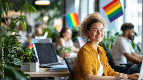 Celebrating Diversity and Inclusion During Pride Day in the Vibrant Office Filled With Colorful LGBT Flags and Joyful Faces