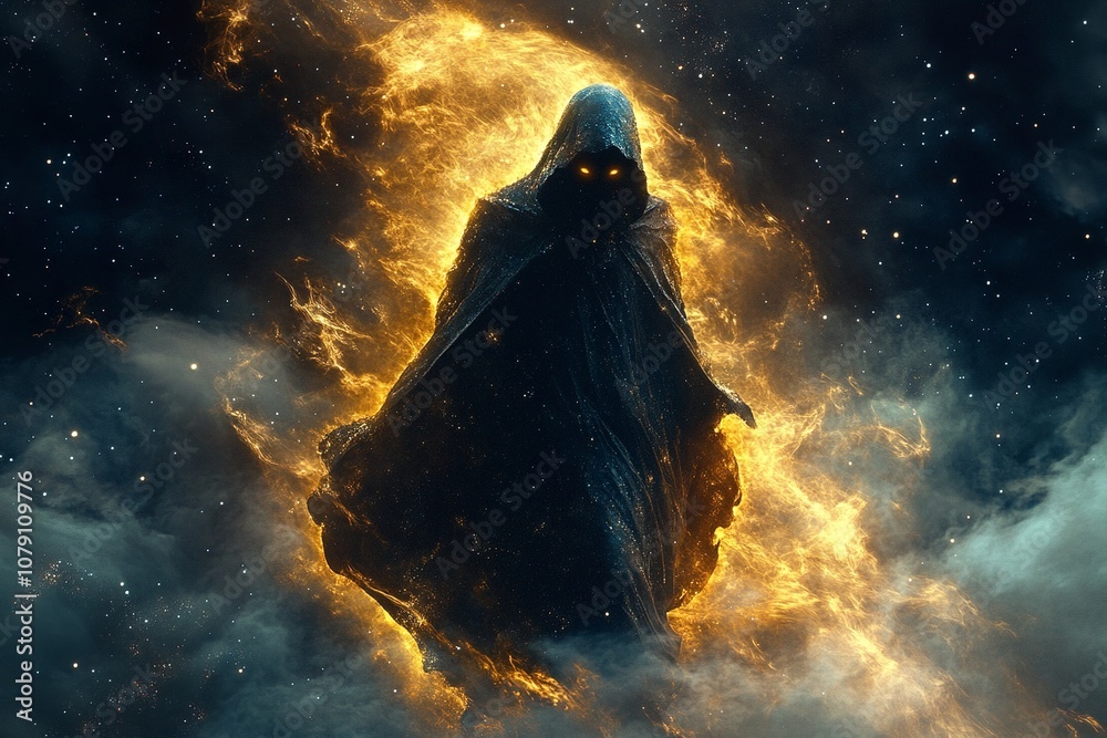 Hooded figure in black cloak with arms raised amidst cosmic fire and mystical flames Hooded figure in black cloak with arms raised amidst cosmic fire and mystical flames