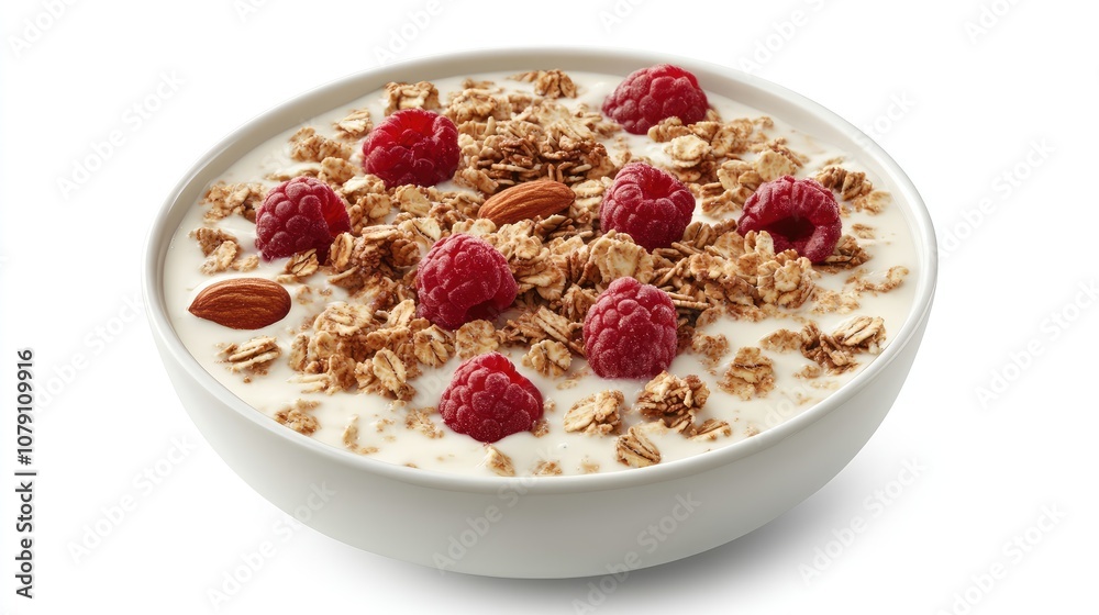 granola with almond milk and fruits, healthy cereal bowl, fresh and clean presentation, isolated on white background granola with almond milk and fruits, healthy cereal bowl, fresh and clean presentation, isolated on white background