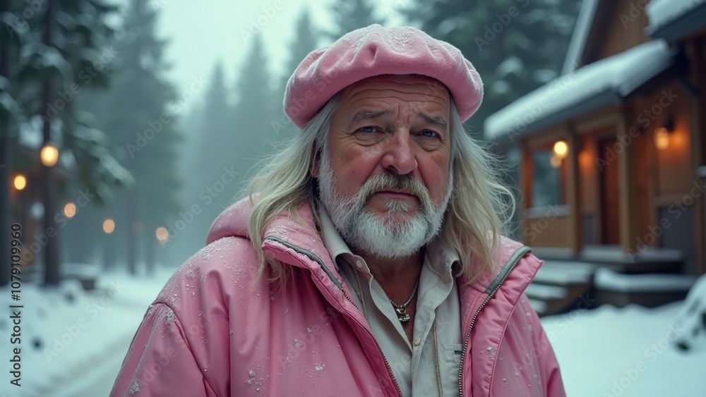 An elderly man with long white hair and a pink beret walks through a snowy landscape surrounded by tall trees and rustic cabins, embodying winter\'s beauty An elderly man with long white hair and a pink beret walks through a snowy landscape surrounded by tall trees and rustic cabins, embodying winter\'s beauty