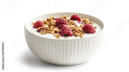 granola with almond milk and fruits, healthy cereal bowl, fresh and clean presentation, isolated on white background