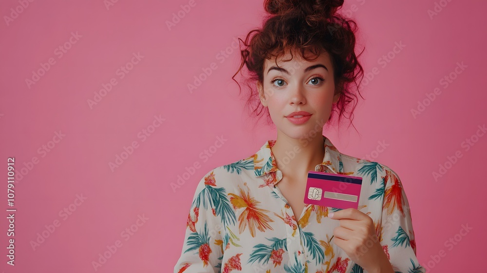 Photo of intelligent gorgeous girl dressed print shirt hold credit card indicating at promo empty space isolated on pink color background Photo of intelligent gorgeous girl dressed print shirt hold credit card indicating at promo empty space isolated on pink color background
