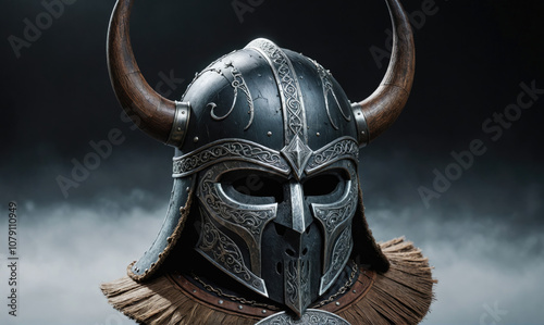A close-up shot of a detailed, ornate Viking helmet with horns against a dark background