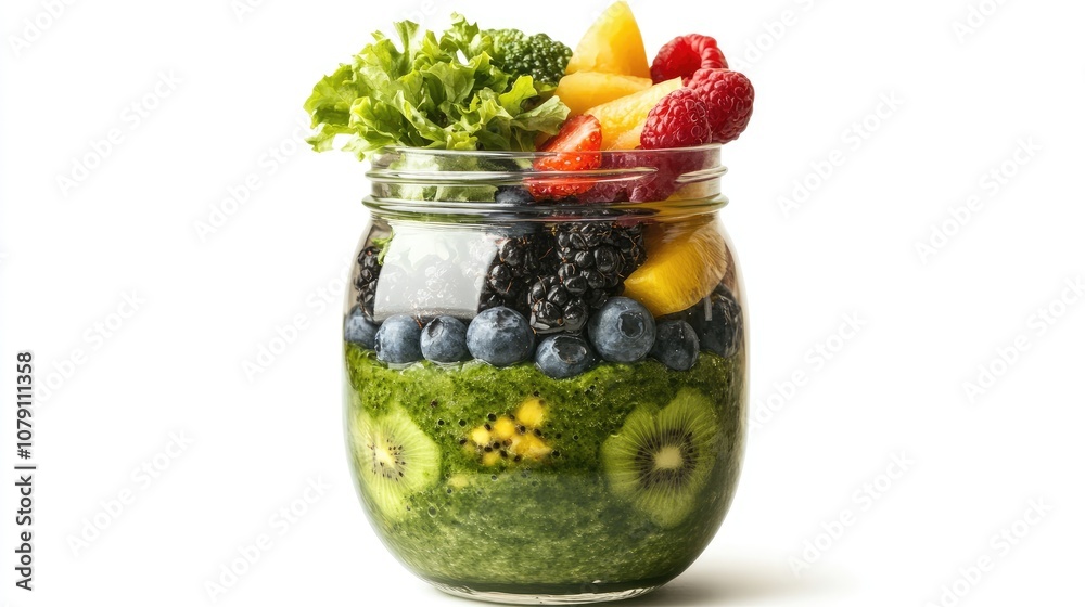 green smoothie with toppings, glass jar, contemporary styling, vibrant and fresh, isolated on white background green smoothie with toppings, glass jar, contemporary styling, vibrant and fresh, isolated on white background