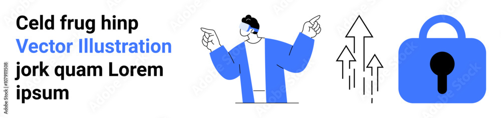 Business professional gesturing towards upward trends and a lock symbol. Ideal for business growth, cybersecurity, data protection, analysis, corporate strategy, market expansion. Banner for landing Business professional gesturing towards upward trends and a lock symbol. Ideal for business growth, cybersecurity, data protection, analysis, corporate strategy, market expansion. Banner for landing