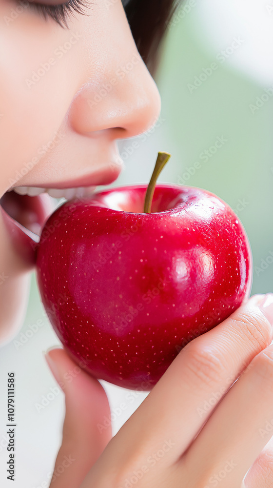 A woman holding a delicious vibrant red apple. A woman holding a delicious vibrant red apple.