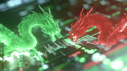 Epic Battle of Green and Red Dragons in Financial Arena 3D Render Illustration with Swirling Stock Charts - Ultra-Detailed Dramatic Scene photo