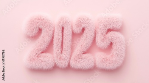 Fluffy pink numbers 2025 on soft pastel background, symbolizing modern design trends