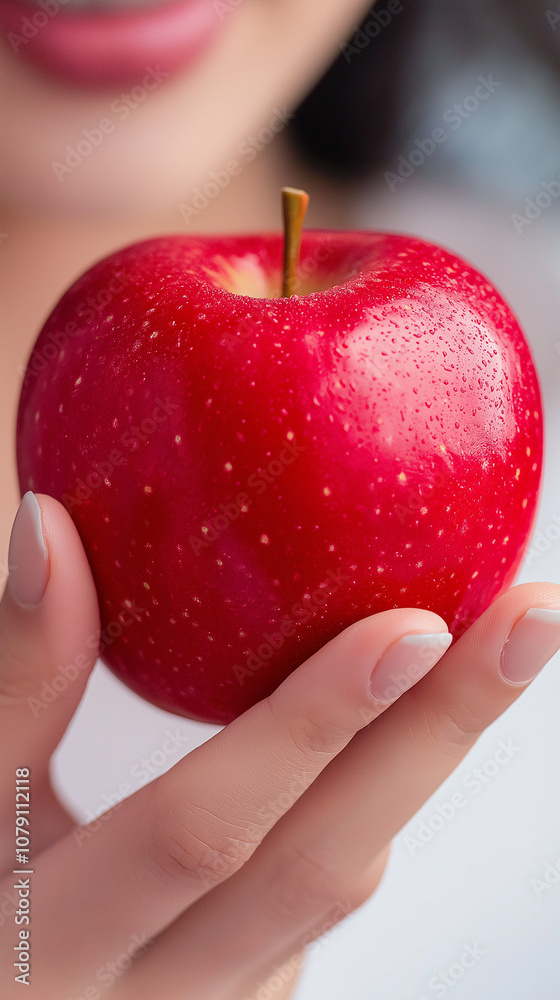 A woman holding a delicious vibrant red apple. A woman holding a delicious vibrant red apple.