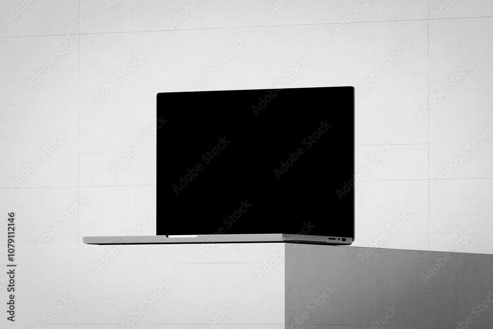 Scene with an open laptop with a blank screen on a concrete background Scene with an open laptop with a blank screen on a concrete background