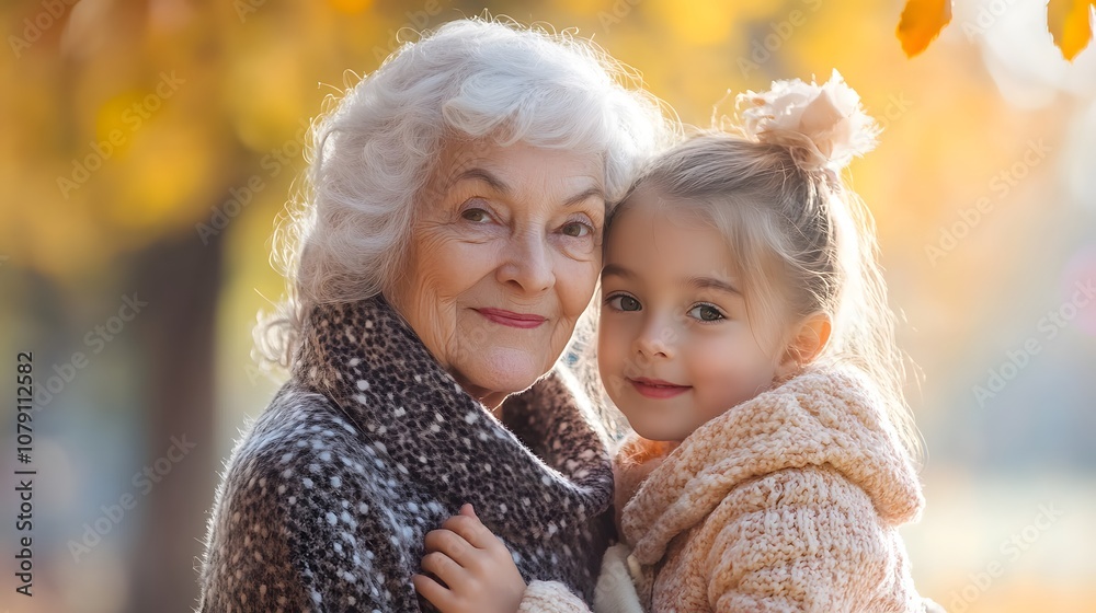 Obraz premium Portrait of a granddaughter on an autumn walk in the park with her grandmother
