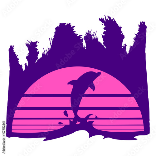 Dolphin Jumping Lines Sun Palm Cool Silhouette Fun Beach Vacation South Seas Tropical Warm Weather Caribbean Nature Lover Summer Holiday Life Isolated T-Shirt Poster Sticker Print Illustration Design