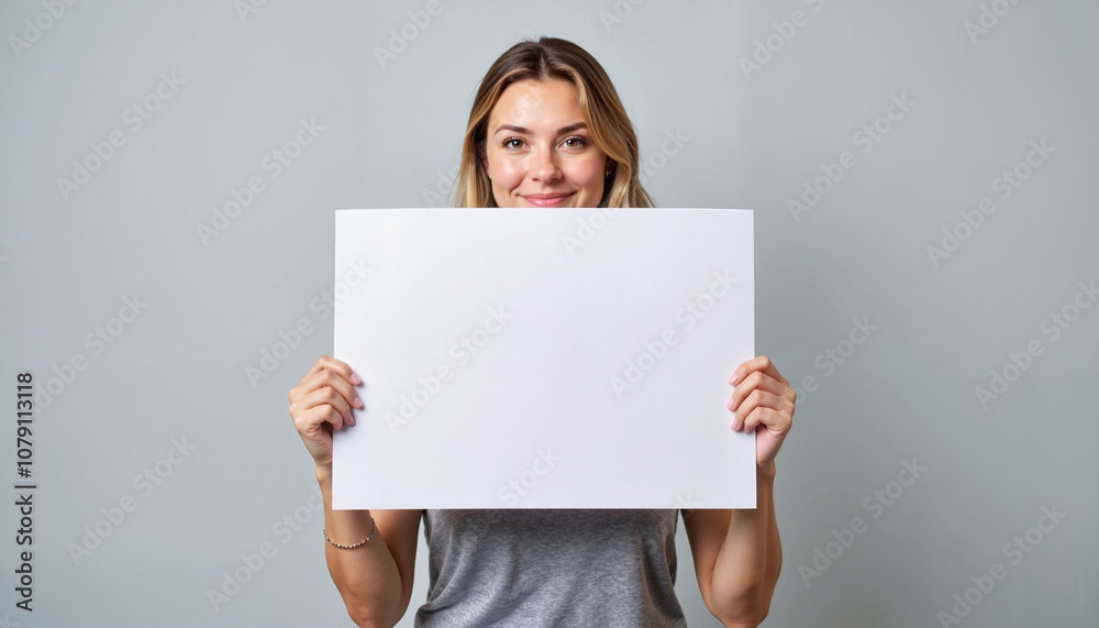 Young woman smiling, holding blank sign, on gray background Young woman smiling, holding blank sign, on gray background