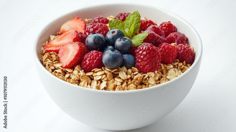 oatmeal bowl, topped with fresh berries and seeds, modern presentation, clean aesthetic, isolated on white background oatmeal bowl, topped with fresh berries and seeds, modern presentation, clean aesthetic, isolated on white background